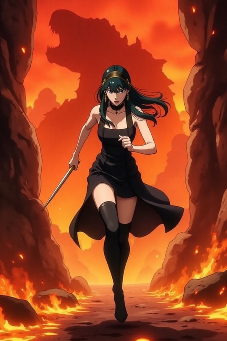 Anime of Yor Forger from spy x family,  1girl,  long black hair with headband and hair ornaments on Tensor.Art