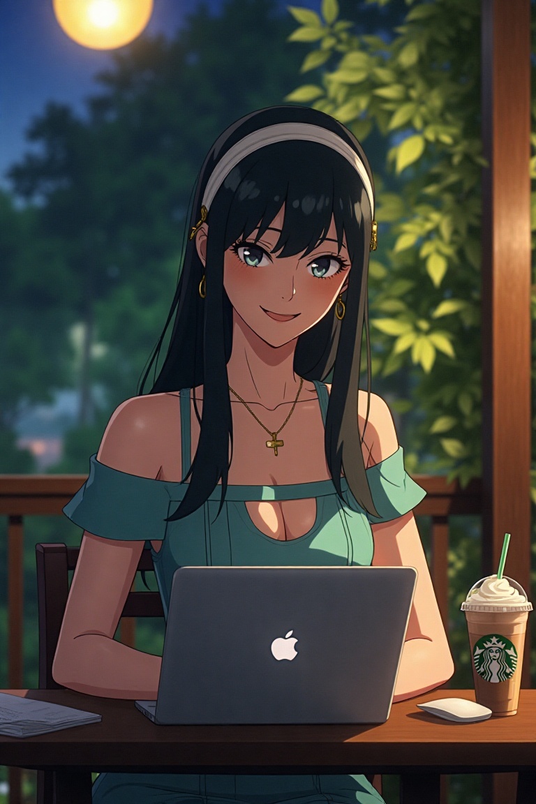 Yor Forger,  spy x family,  sitting at a cafe at night on Tensor.Art