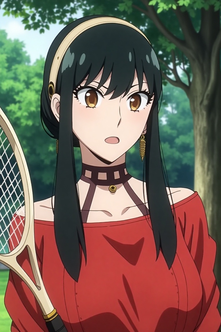 Yor Forger,  spy x family,  holding a tennis racket on Tensor.Art