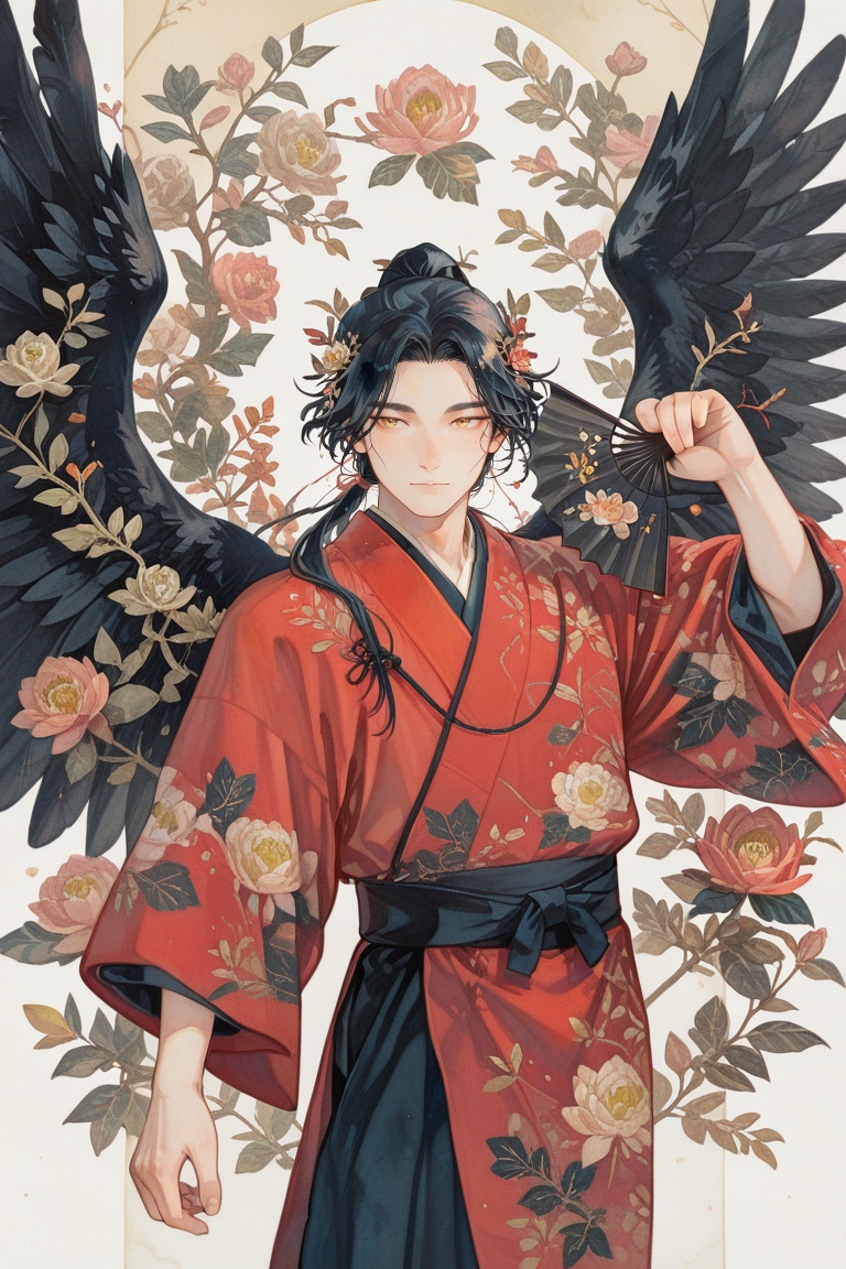 1boy,  male focus,  holding fan on Tensor.Art