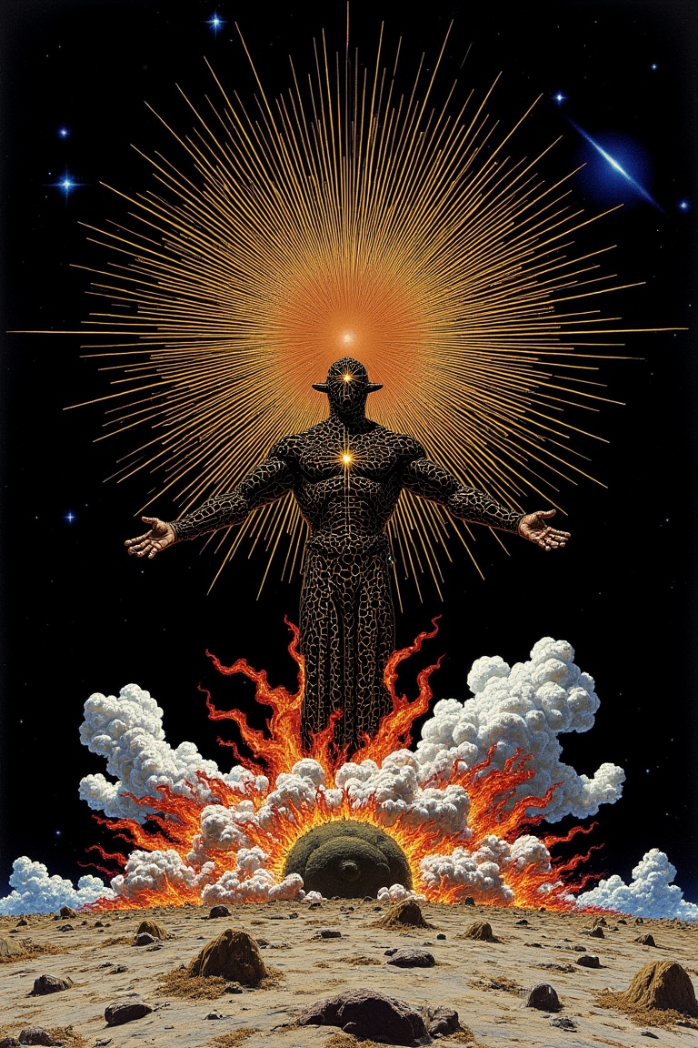 A colossal,  god-like entity,  its form a conduit of molten gold and cracked obsidian on Tensor.Art