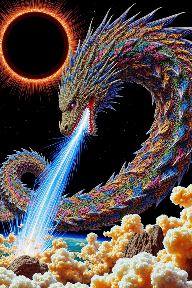 A colossal,  serpentine dragon,  its body a kaleidoscopic tapestry of swirling psychedelic colors and intricate filigree o...