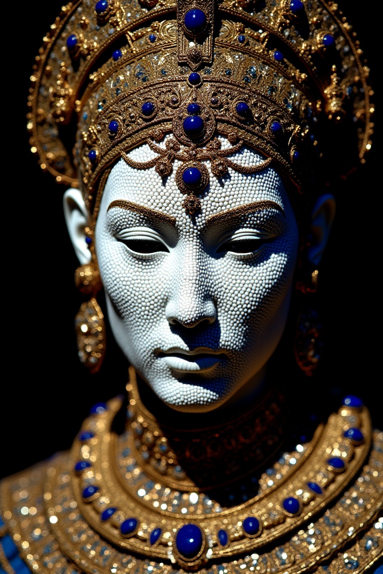 A close-up,  high-contrast portrait of a statue-like being,  its face a serene and flawless mosaic of countless tiny white...