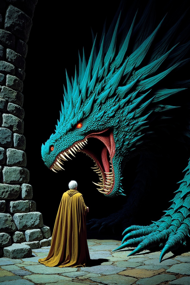 In the oppressive darkness of a cavernous stone dungeon,  a lone,  white-haired mage in a heavy golden cloak stands his gr...