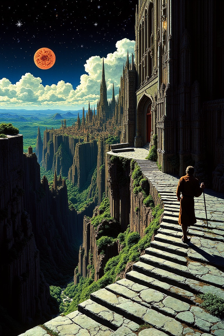 A lone traveler with a walking staff begins an ascent up a winding stone staircase carved into a cliffside. The path leads...