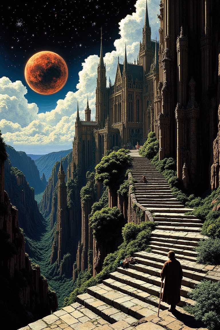 A lone traveler with a walking staff begins an ascent up a winding stone staircase carved into a cliffside. The path leads...