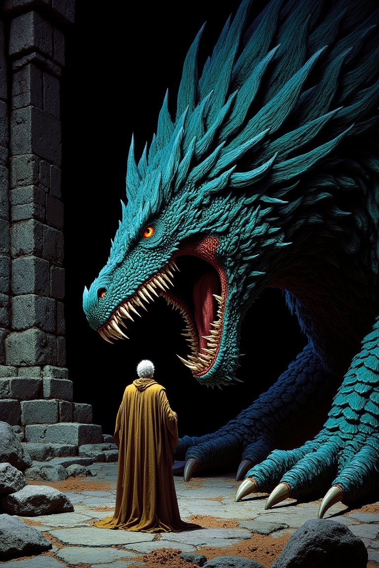 In the oppressive darkness of a cavernous stone dungeon,  a lone,  white-haired mage in a heavy golden cloak stands his gr...