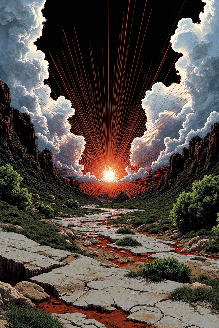 A cataclysmic energy burst erupts in a starburst of incandescent crimson lines,  tearing through the heart of a desolate m...