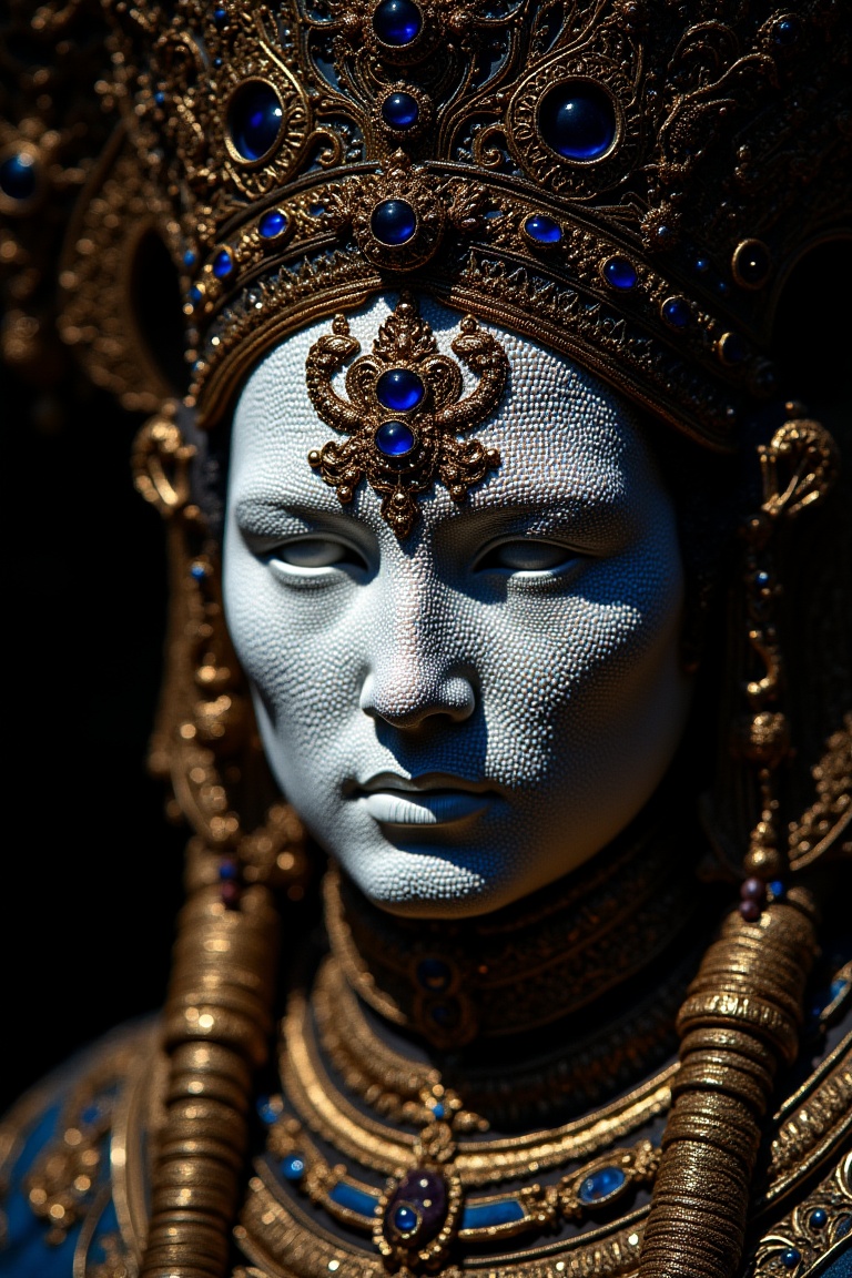 A close-up,  high-contrast portrait of a statue-like being,  its face a serene and flawless mosaic of countless tiny white...
