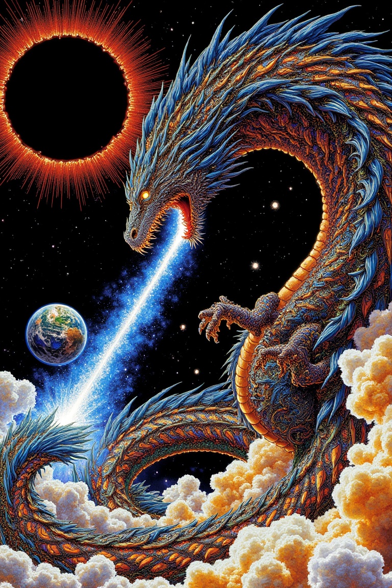 A colossal,  serpentine dragon,  its body a kaleidoscopic tapestry of swirling psychedelic colors and intricate filigree o...