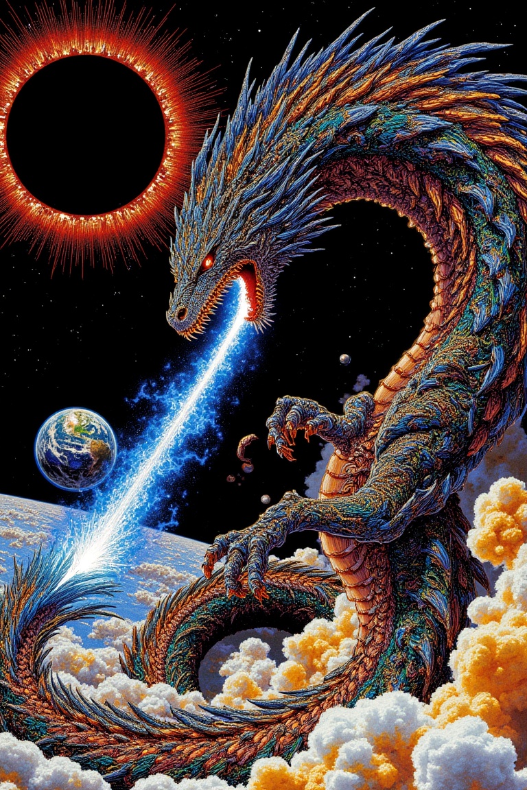 A colossal,  serpentine dragon,  its body a kaleidoscopic tapestry of swirling psychedelic colors and intricate filigree o...