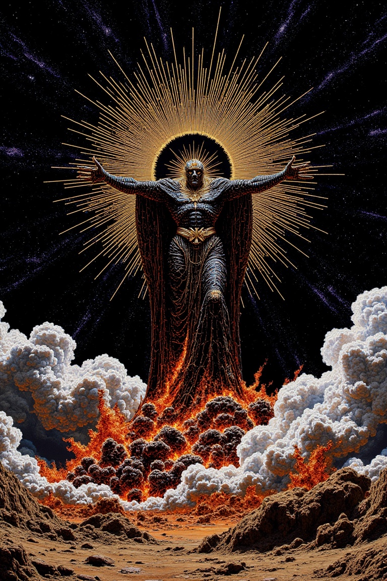 A colossal,  god-like entity,  its form a conduit of molten gold and cracked obsidian on Tensor.Art