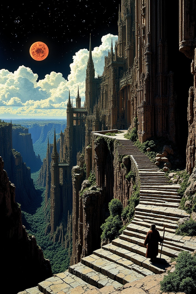 A lone traveler with a walking staff begins an ascent up a winding stone staircase carved into a cliffside. The path leads...