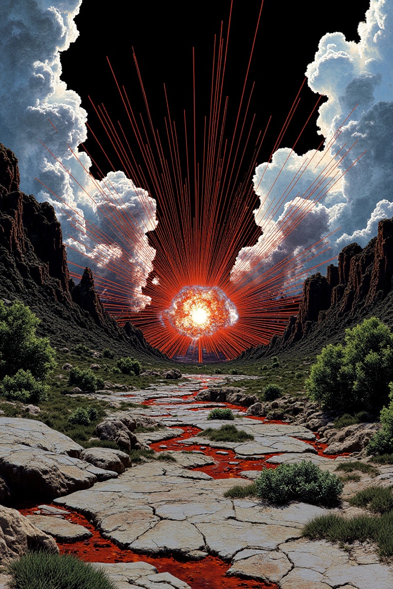 A cataclysmic energy burst erupts in a starburst of incandescent crimson lines,  tearing through the heart of a desolate m...