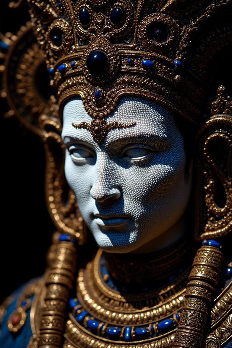 A close-up,  high-contrast portrait of a statue-like being,  its face a serene and flawless mosaic of countless tiny white...