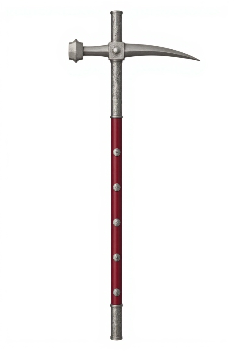 A high-quality DFStyleFlux illustration of a ceremonial Czekan war hammer. The weapon has an exceptionally long and slende...