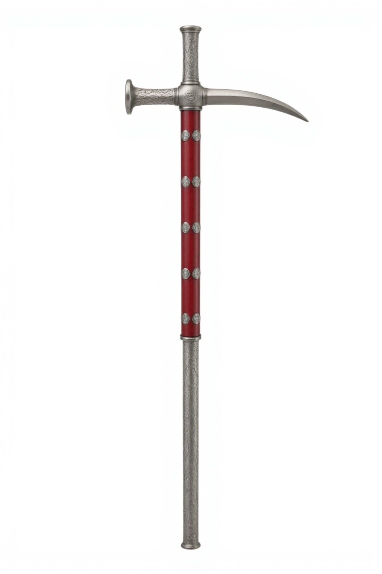 A high-quality DFStyleFlux illustration of a ceremonial Czekan war hammer. The weapon has an exceptionally long and slende...