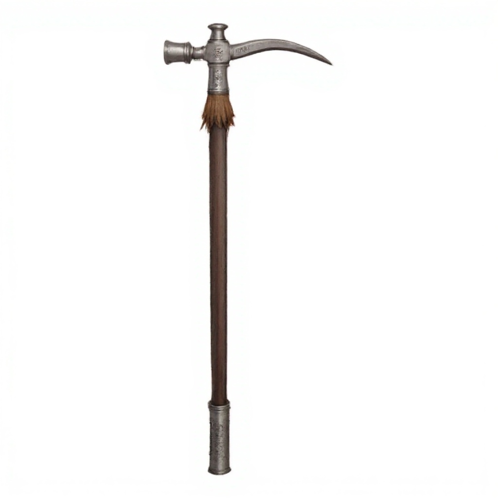A high-quality DFStyleFlux illustration of an Ottoman Külünk. The steel head has a long curved pick and a cylindrical hamm...