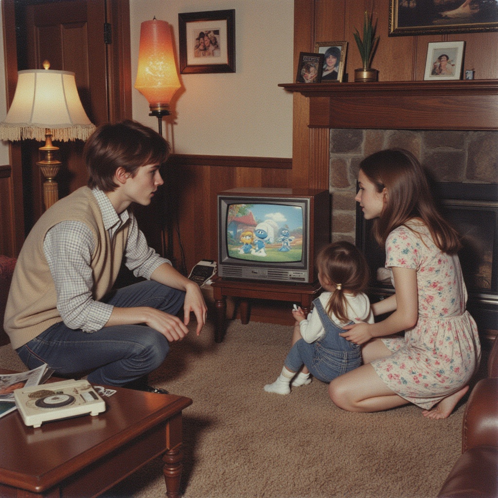 masterpiece,  best quality,  1980s vintage photograph of a family of three gathered around a small wood-paneled CRT televi...