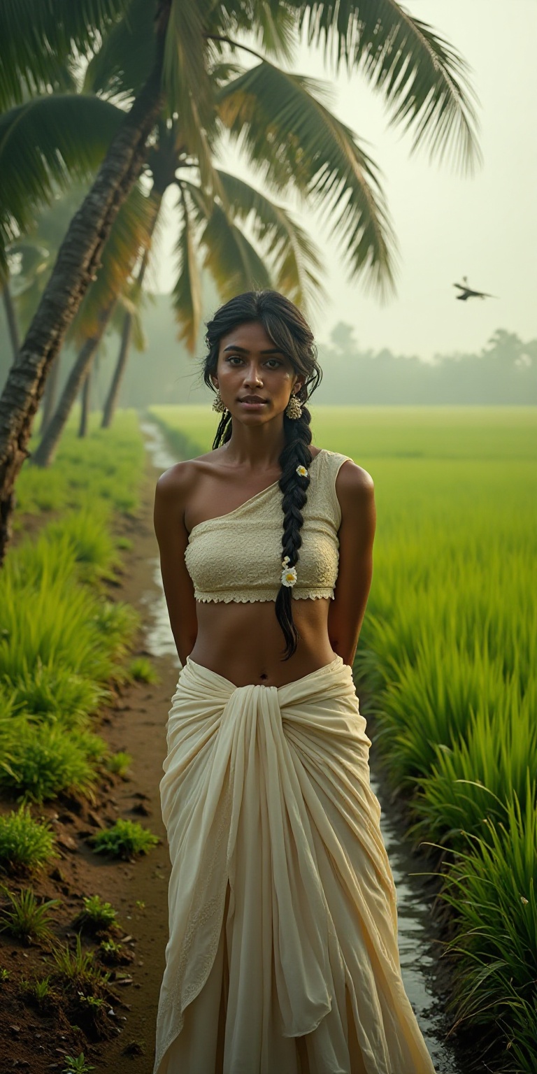 A wide-frame ultra-realistic cinematic shot of a Thamburati woman in the Kerala countryside,  standing beside a narrow str...