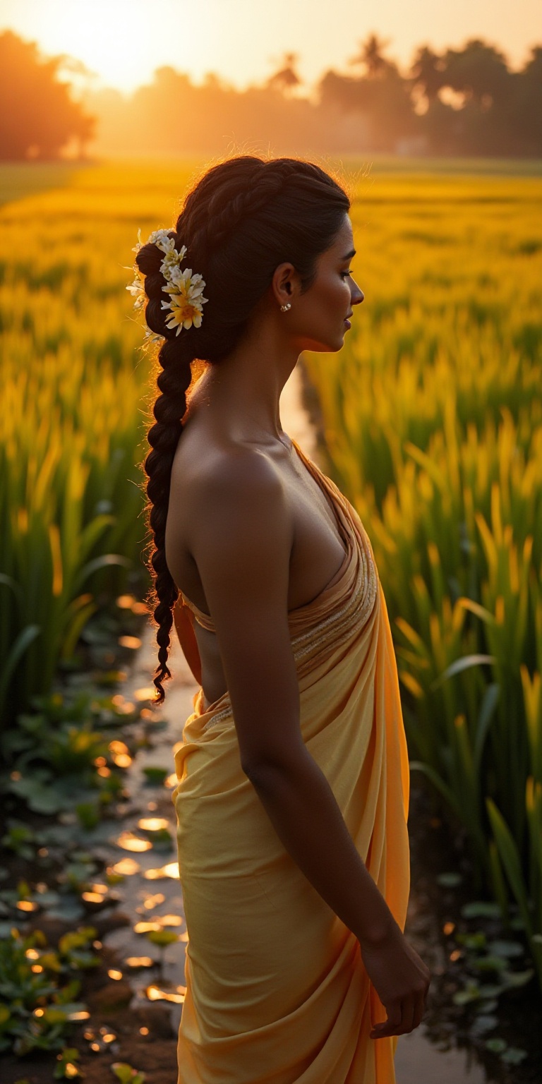 A wide-angle cinematic image of a Thamburati woman captured at sunset in the Kerala countryside. She stands tall on the le...