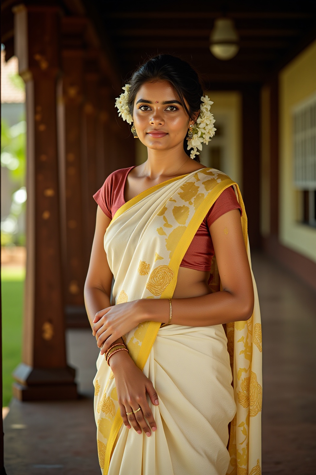 Portrait‑style ultra high‑resolution image of a noble Kerala woman from the 16th century,  dressed in simple beauty: a cre...