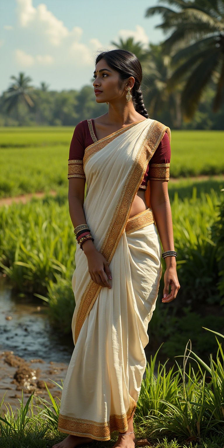 An ultra-realistic full-body shot of a noblewoman from ancient Kerala,  standing gracefully at the edge of a lush rice fie...