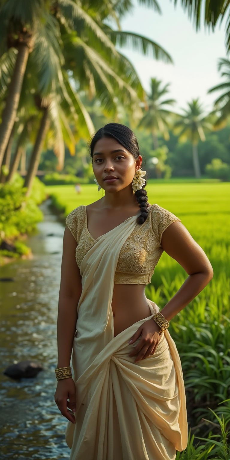 A wide-frame ultra-realistic cinematic shot of a Thamburati woman in the Kerala countryside,  standing beside a narrow str...