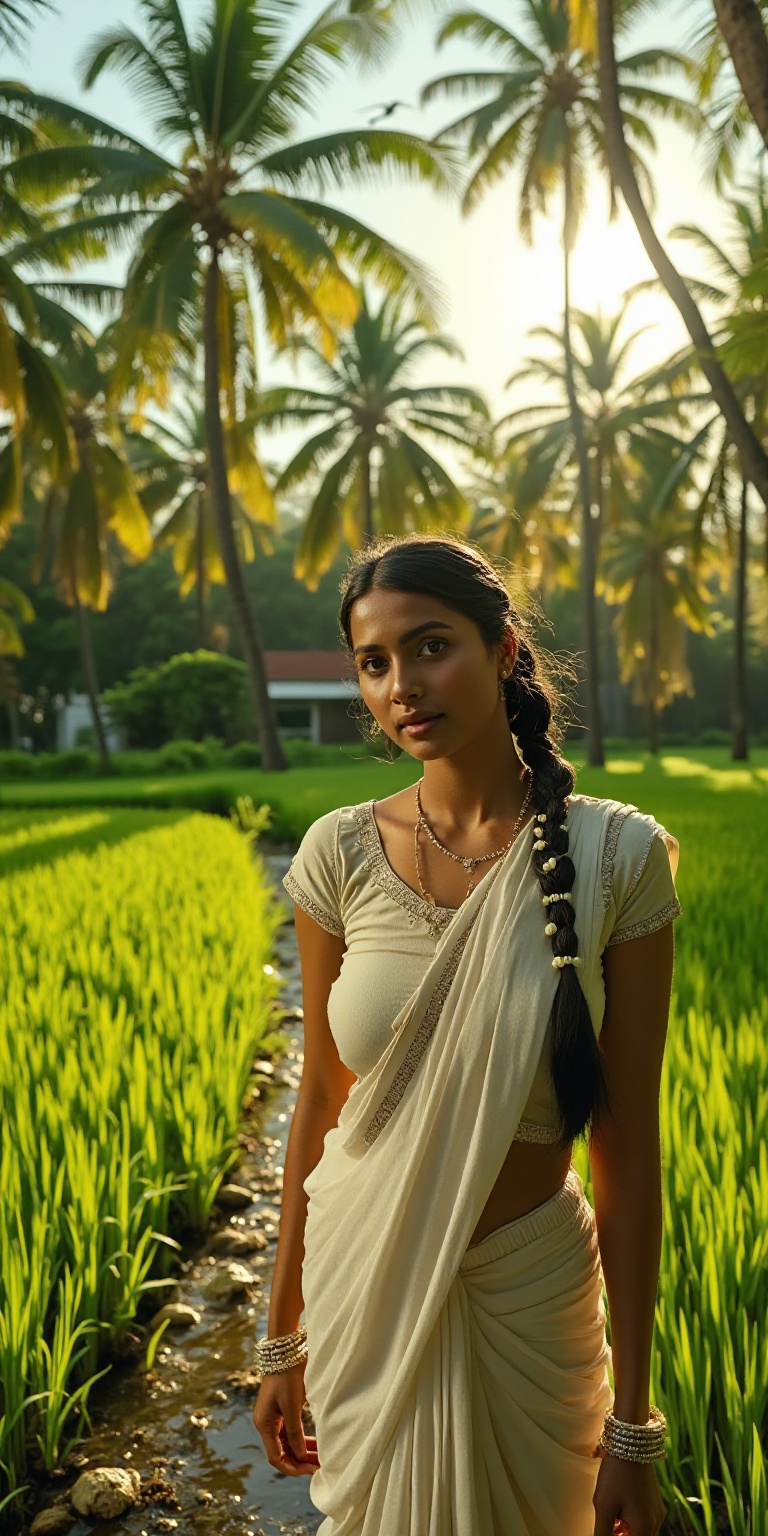 A wide-frame ultra-realistic cinematic shot of a Thamburati woman in the Kerala countryside,  standing beside a narrow str...