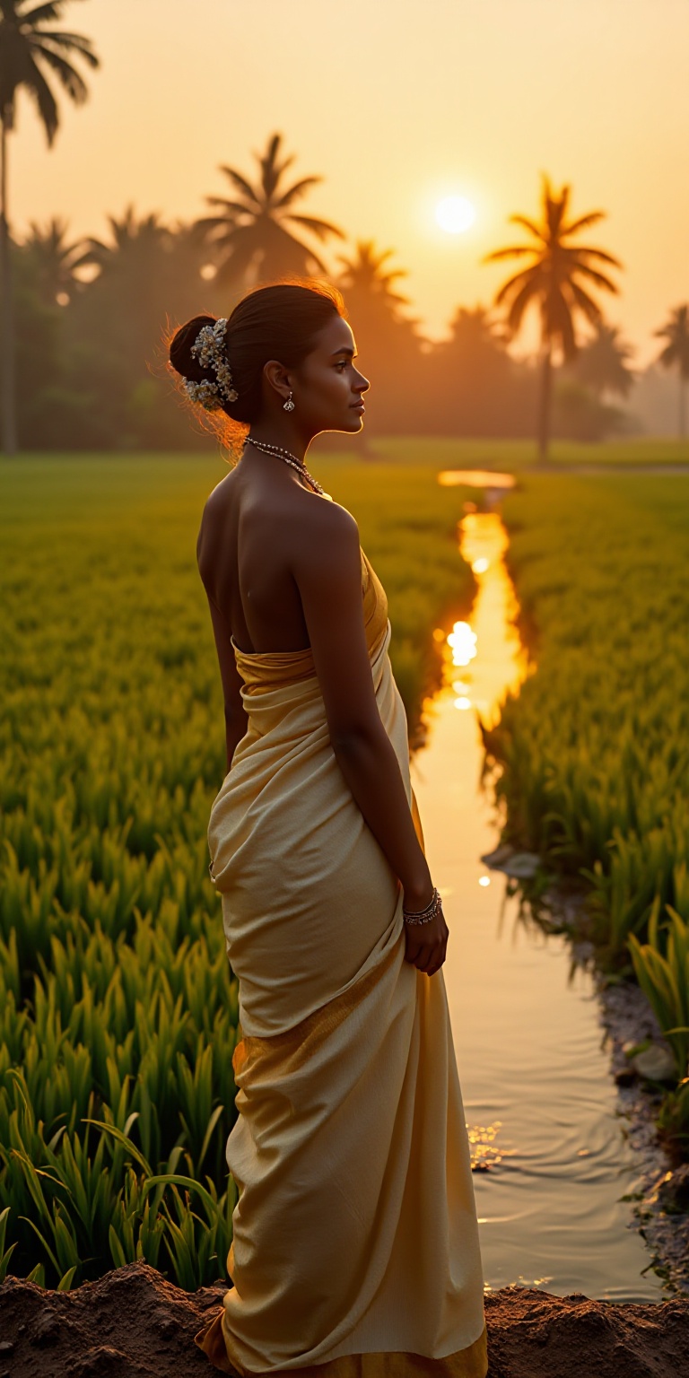 A wide-angle cinematic image of a Thamburati woman captured at sunset in the Kerala countryside. She stands tall on the le...