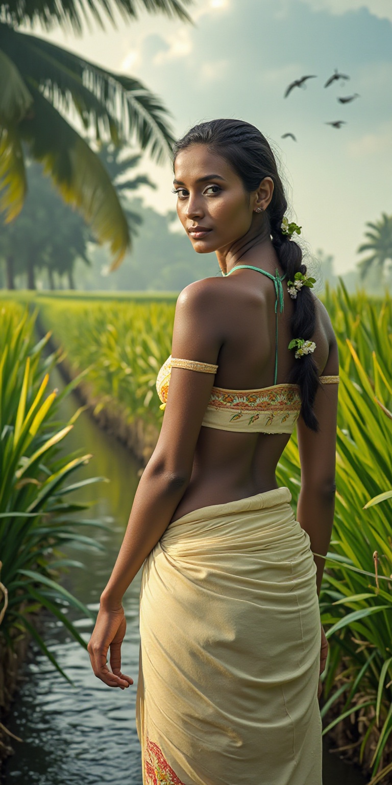 A wide-frame ultra-realistic cinematic shot of a Thamburati woman in the Kerala countryside,  standing beside a narrow str...