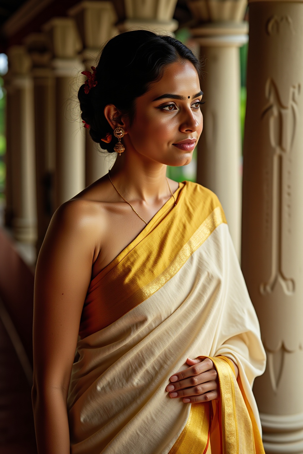 Portrait‑style ultra high‑resolution image of a noble Kerala woman from the 16th century,  dressed in simple beauty: a cre...