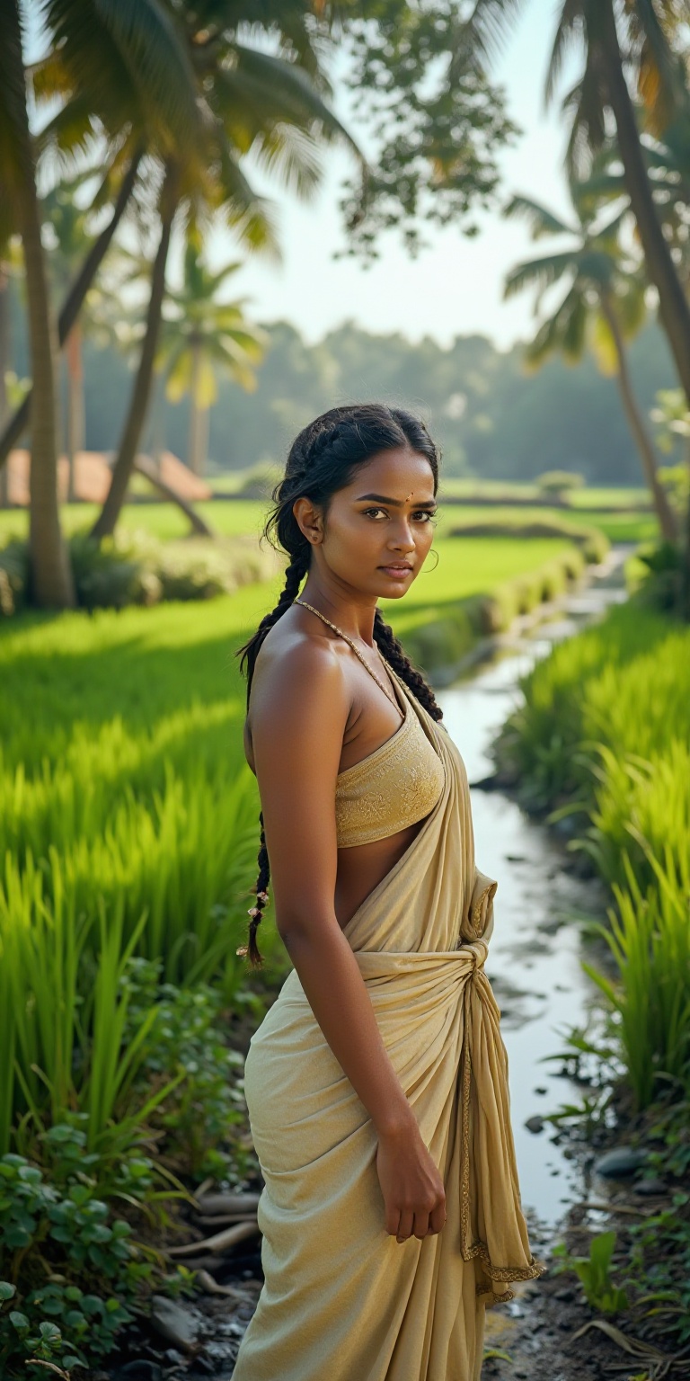 A wide-frame ultra-realistic cinematic shot of a Thamburati woman in the Kerala countryside,  standing beside a narrow str...