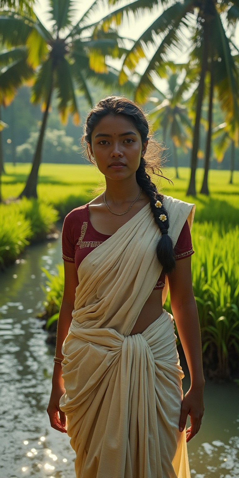 A wide-frame ultra-realistic cinematic shot of a Thamburati woman in the Kerala countryside,  standing beside a narrow str...