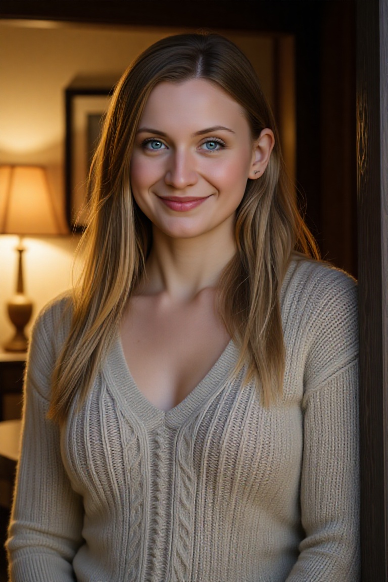Create a cinematic portrait of n1ck1,  a beautiful Slavic woman who exudes both sexiness and friendliness. She stands in a...