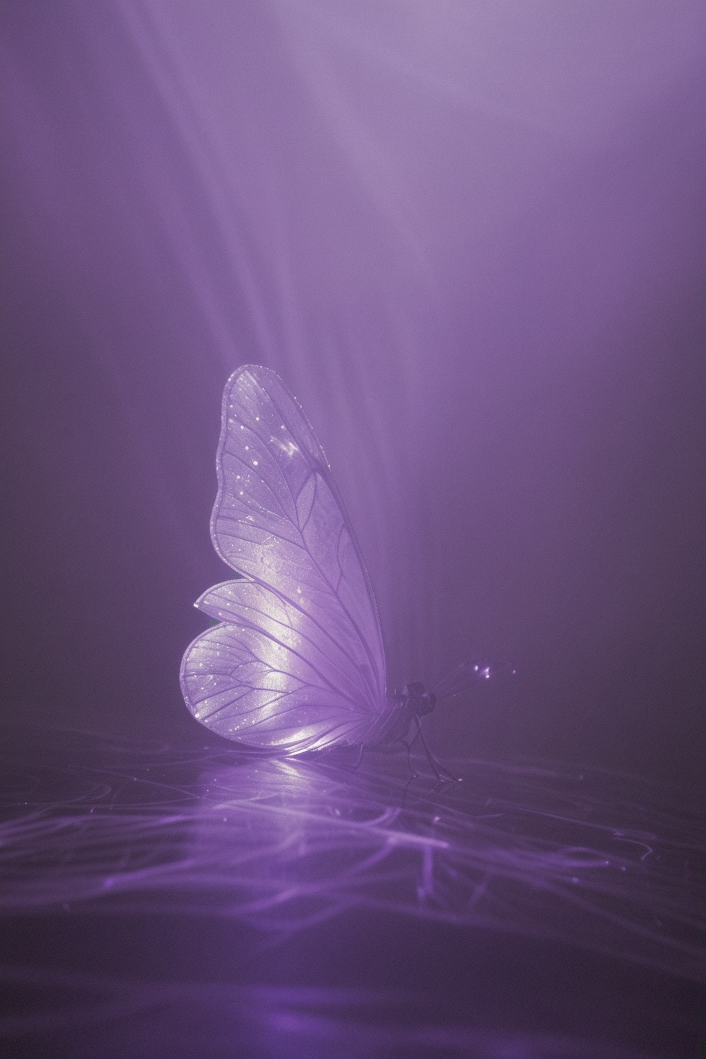 macro shot of a glowing enchanted butterfly resting on a vibrant purple flower,  ethereal light,  highly detailed wings on...