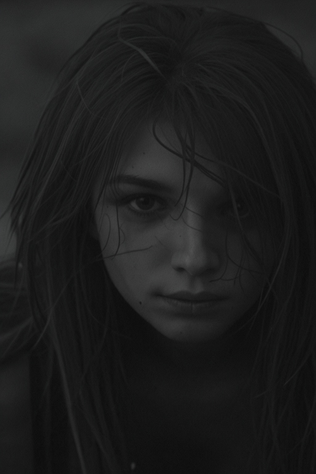 Black and white photo in the style of Alessio Albi,  20 year old beautiful stunning woman,  dark blond hair falling down o...