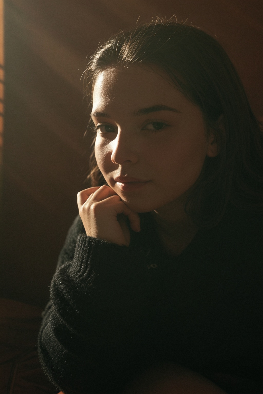 A moody interior portrait photograph of a young woman reclining on a brown leather couch. Natural sunlight streams in from...