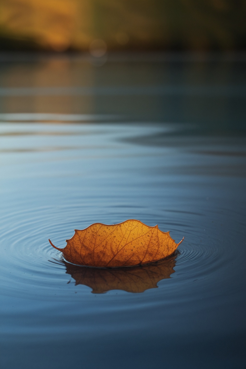 A macro photograph captures the precise moment a water droplet hovers above a golden autumn leaf floating on a dark blue w...