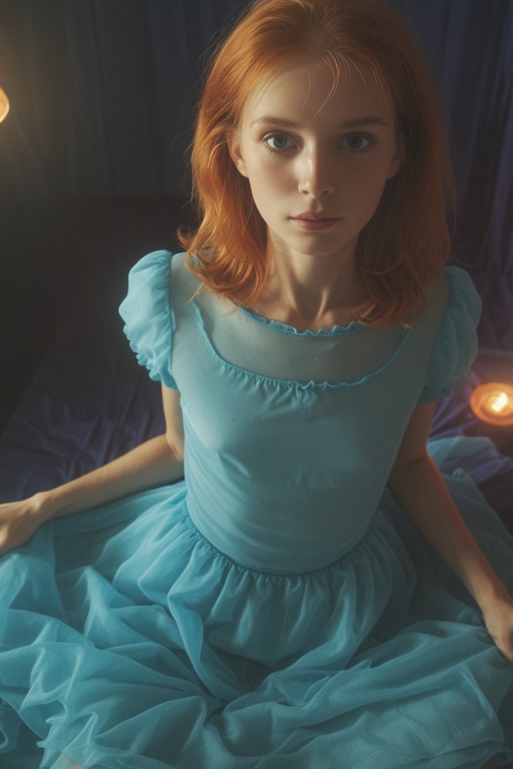cute slim ginger in clothes on her bed,  (closeup),  80s on Tensor.Art