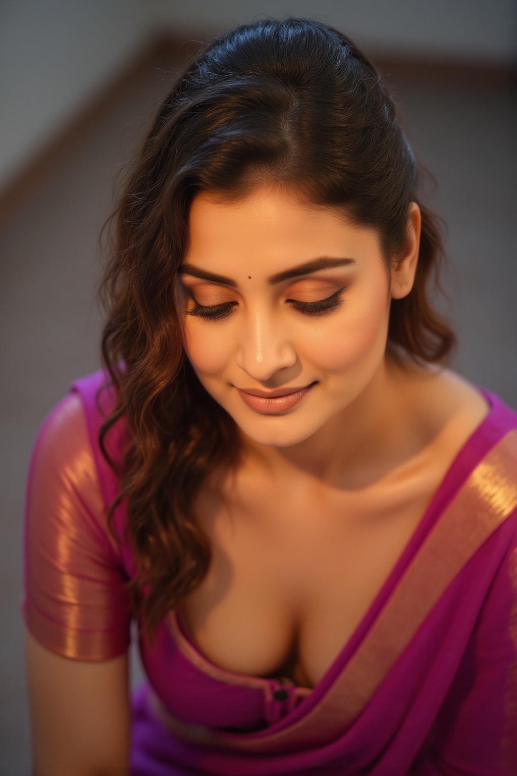 Beautiful girl,  Wearing a purple saree,  wavy long hair on Tensor.Art