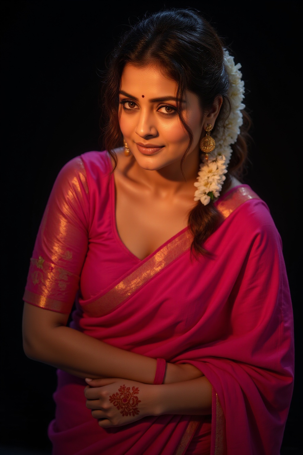 A woman,  hyperrealistic,  in a vibrant magenta/pink saree. Shoulder-length on Tensor.Art