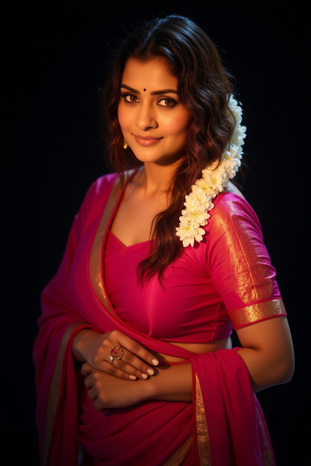 A woman,  hyperrealistic,  in a vibrant magenta/pink saree. Shoulder-length on Tensor.Art