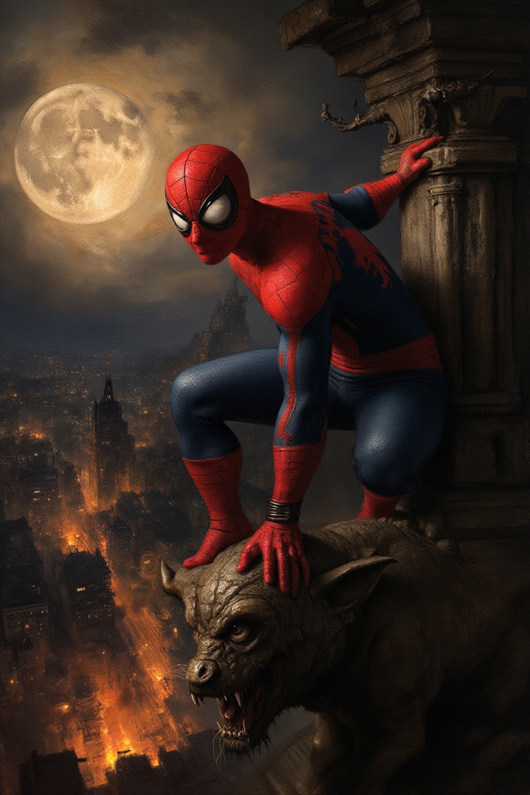 art by rembrandt,  fine art parody of a (spiderman),  looking at viewer on Tensor.Art