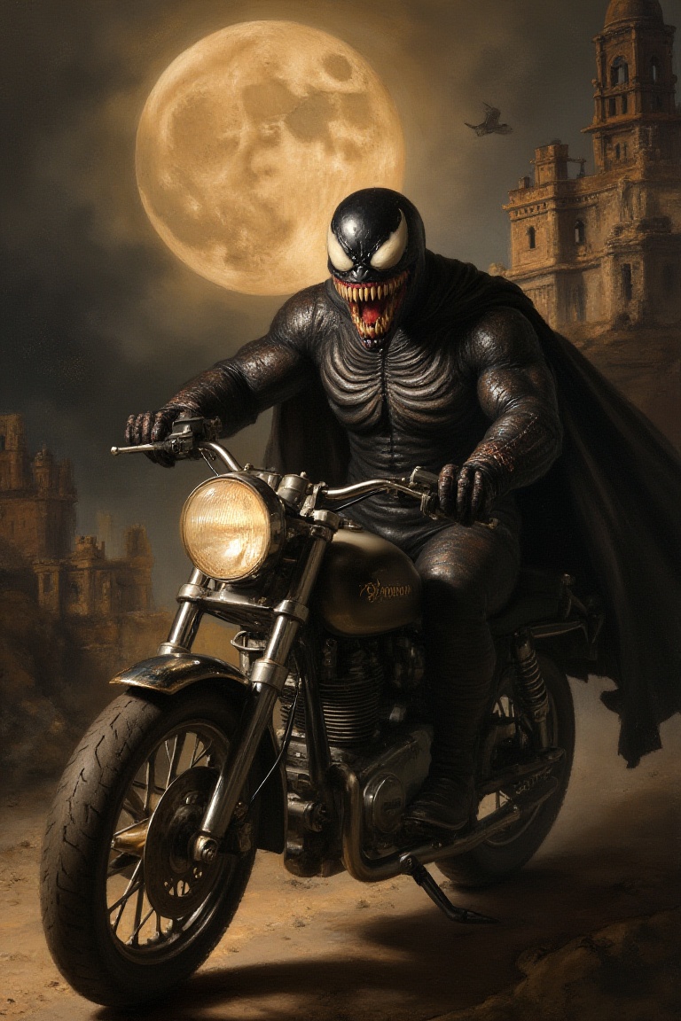 art by rembrandt,  fine art parody portrait of venom,  looking at viewer on Tensor.Art