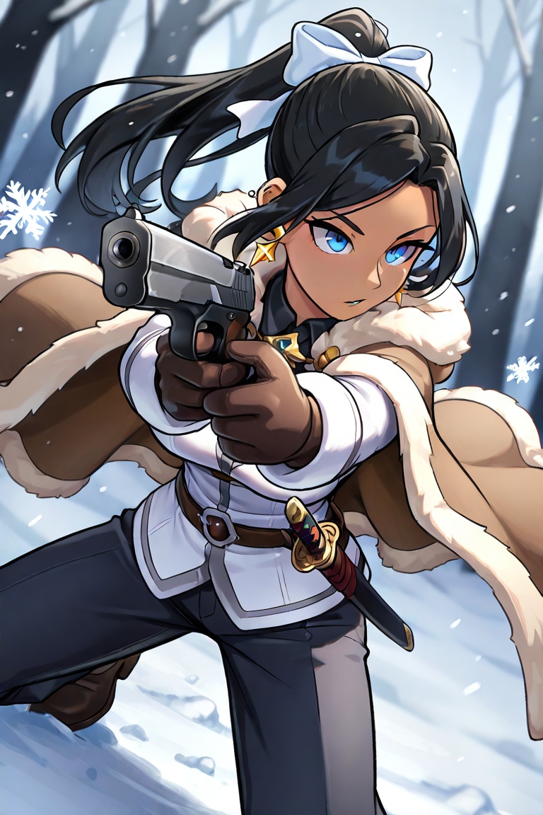 A stunning,  dark-haired woman with piercing blue eyes stands in a snowy forest,  aiming a handgun with determination. She...