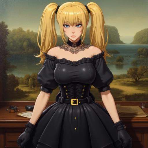 Semi realistic oil painting that features ANIV1 a blonde woman with twintails,  and blue eyes wearing Gothic fashion cloth...