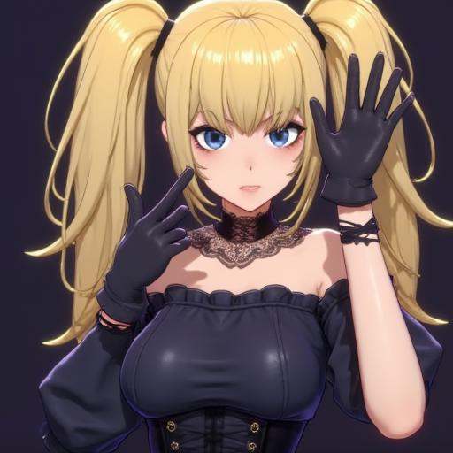 3d anime style image that features ANIV1 a blonde woman with twintails,  and blue eyes wearing gothic fashion clothes incl...