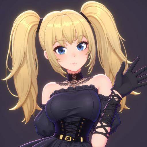 3d anime style image that features ANIV1 a blonde woman with twintails,  and blue eyes wearing gothic fashion clothes incl...