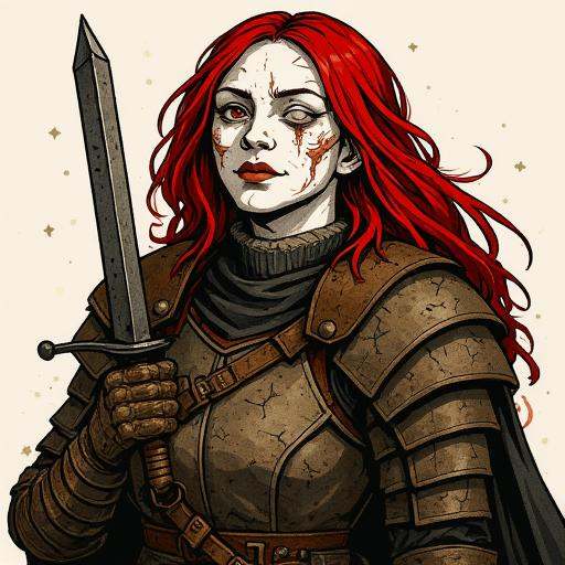 Illustration that features A extremely Pale woman with a single blind eye,  the right eye of the character is blind skin w...